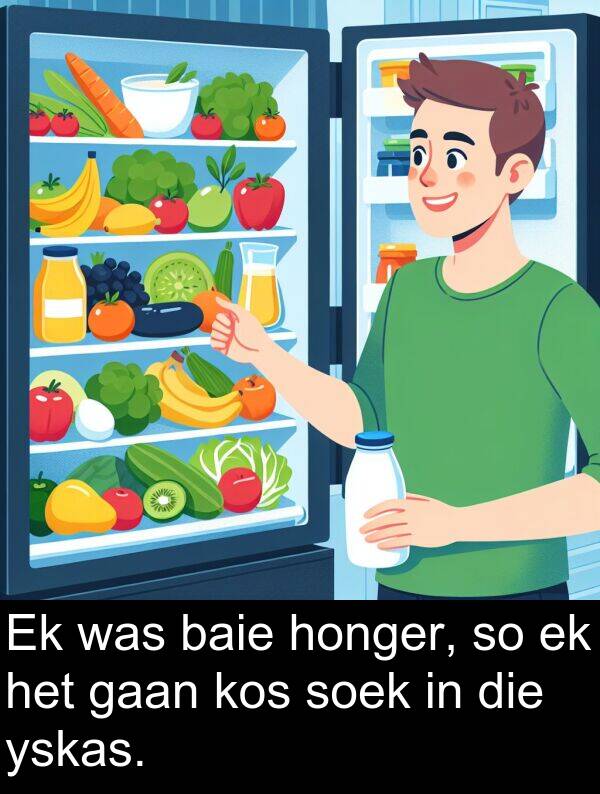 honger: Ek was baie honger, so ek het gaan kos soek in die yskas.