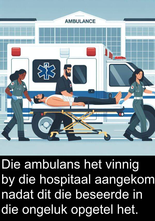 hospitaal: Die ambulans het vinnig by die hospitaal aangekom nadat dit die beseerde in die ongeluk opgetel het.