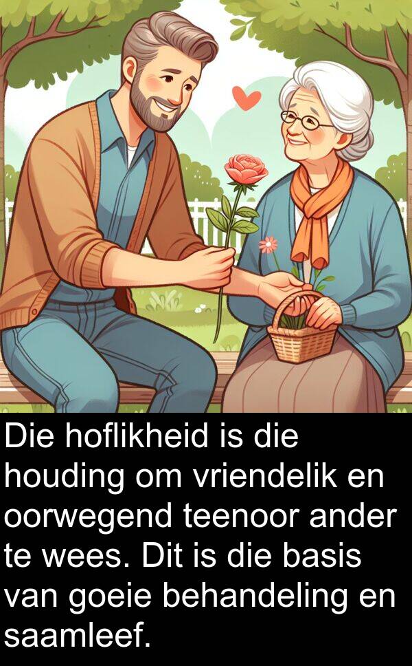 houding: Die hoflikheid is die houding om vriendelik en oorwegend teenoor ander te wees. Dit is die basis van goeie behandeling en saamleef.