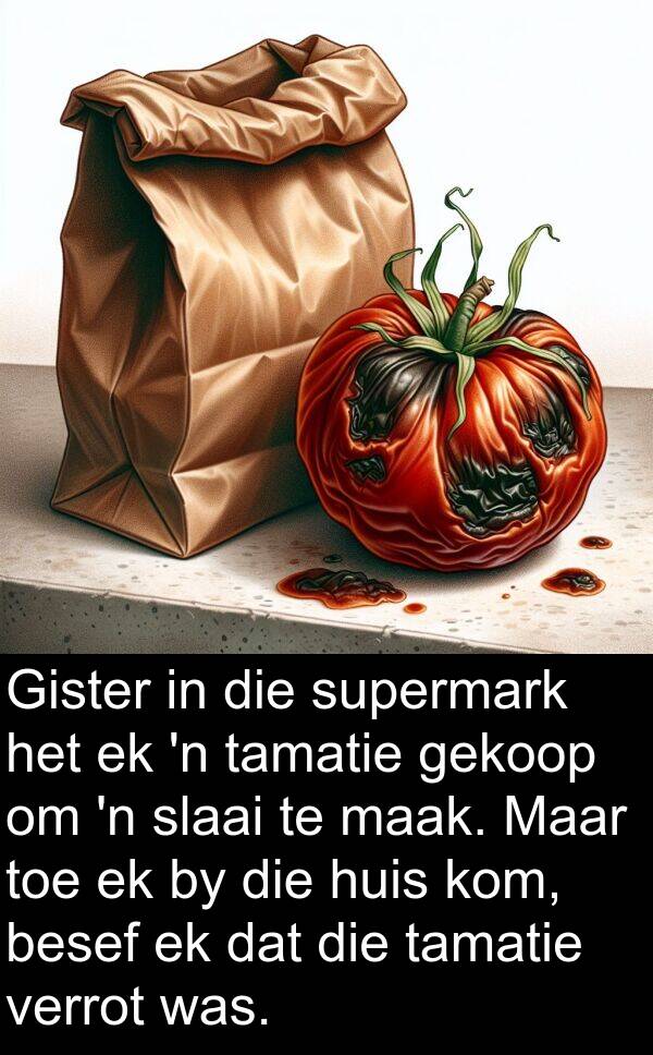 besef: Gister in die supermark het ek 'n tamatie gekoop om 'n slaai te maak. Maar toe ek by die huis kom, besef ek dat die tamatie verrot was.