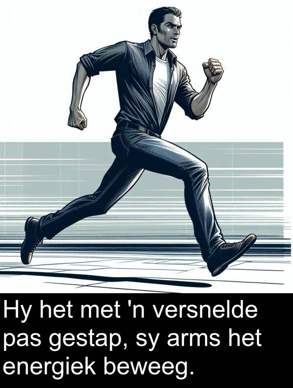 energiek: Hy het met 'n versnelde pas gestap, sy arms het energiek beweeg.