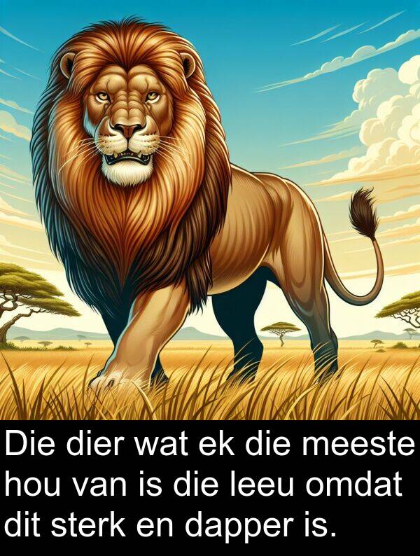 meeste: Die dier wat ek die meeste hou van is die leeu omdat dit sterk en dapper is.