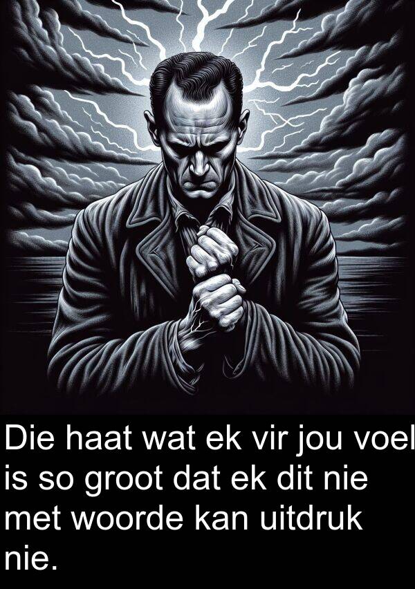 haat: Die haat wat ek vir jou voel is so groot dat ek dit nie met woorde kan uitdruk nie.