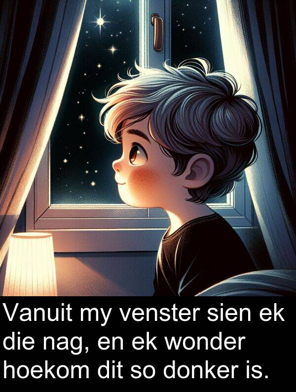 donker: Vanuit my venster sien ek die nag, en ek wonder hoekom dit so donker is.