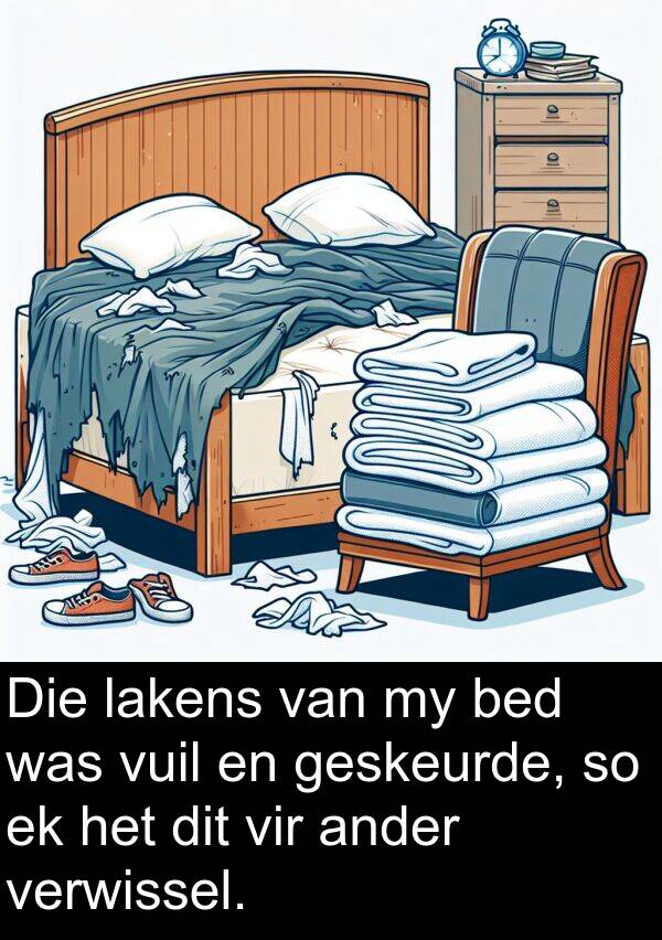 lakens: Die lakens van my bed was vuil en geskeurde, so ek het dit vir ander verwissel.