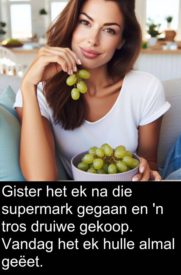 geëet: Gister het ek na die supermark gegaan en 'n tros druiwe gekoop. Vandag het ek hulle almal geëet.