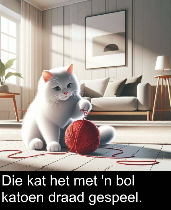 draad: Die kat het met 'n bol katoen draad gespeel.