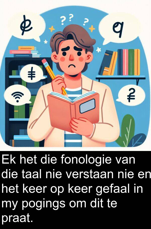gefaal: Ek het die fonologie van die taal nie verstaan nie en het keer op keer gefaal in my pogings om dit te praat.