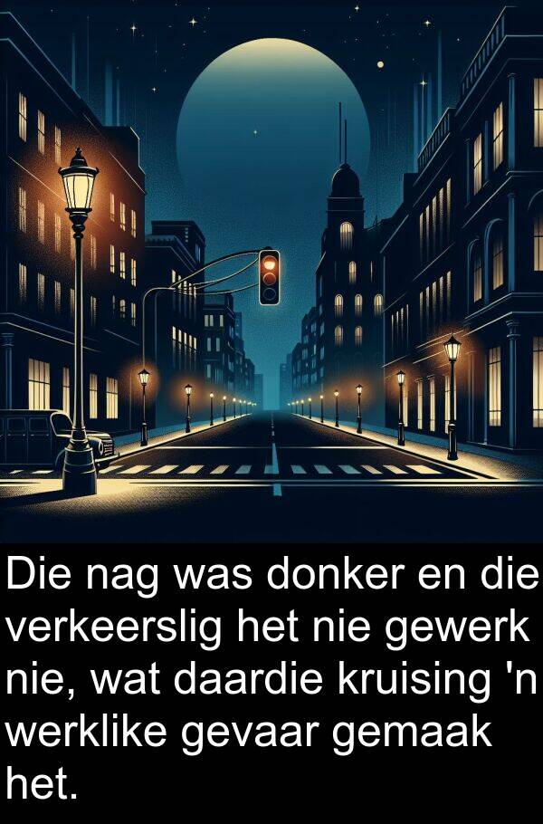 donker: Die nag was donker en die verkeerslig het nie gewerk nie, wat daardie kruising 'n werklike gevaar gemaak het.