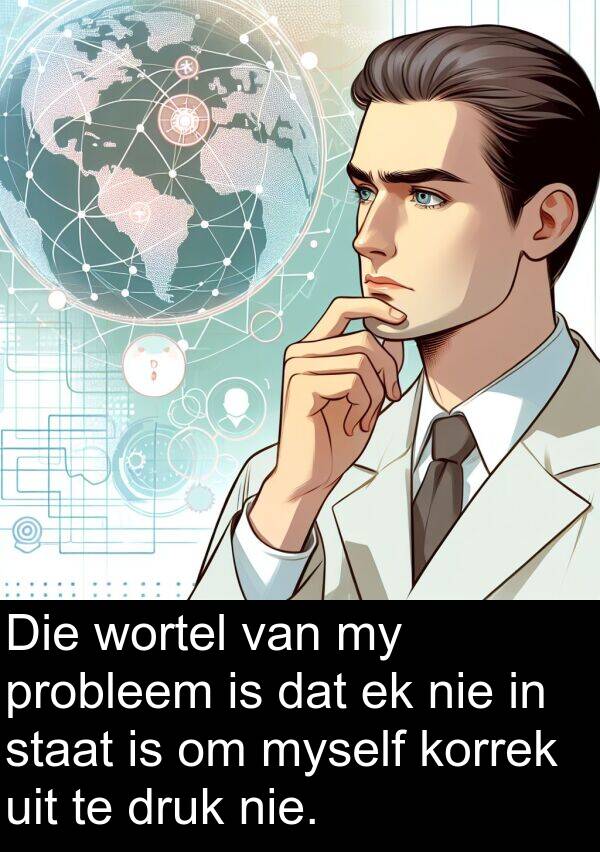 druk: Die wortel van my probleem is dat ek nie in staat is om myself korrek uit te druk nie.