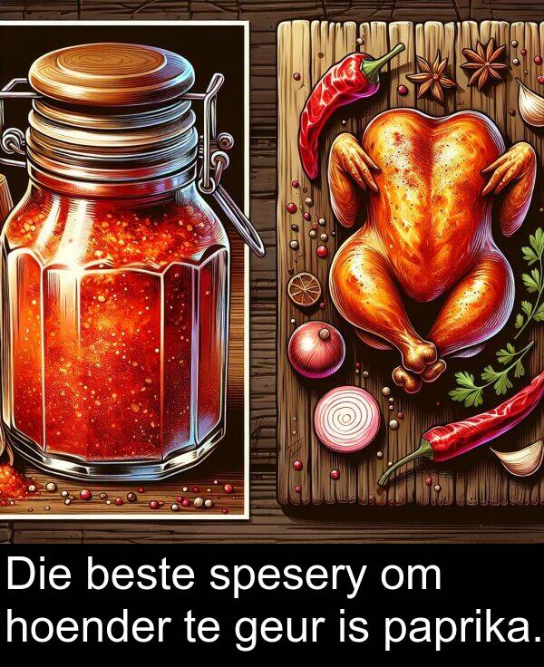 hoender: Die beste spesery om hoender te geur is paprika.