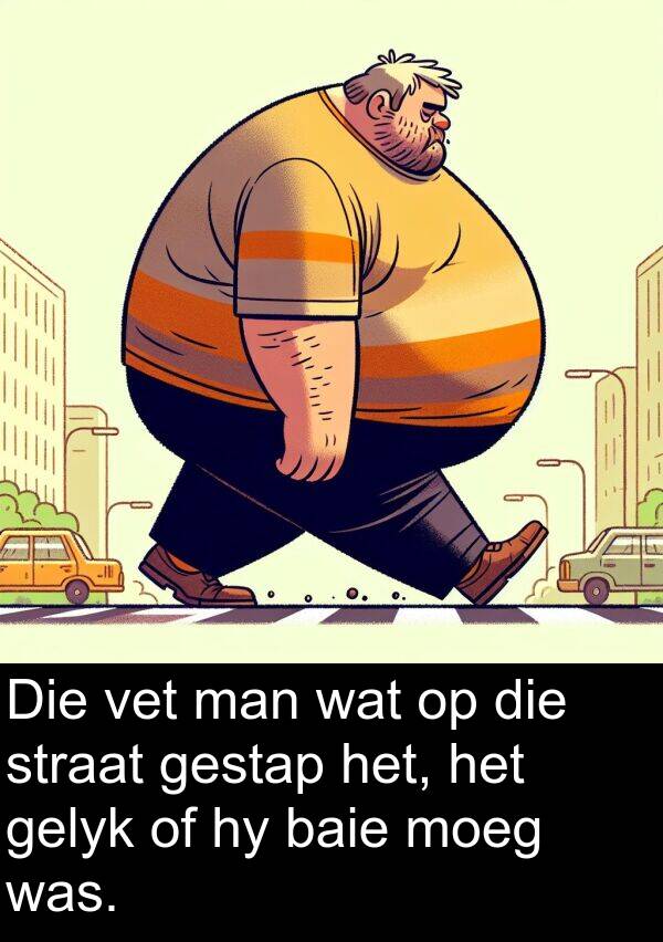 moeg: Die vet man wat op die straat gestap het, het gelyk of hy baie moeg was.