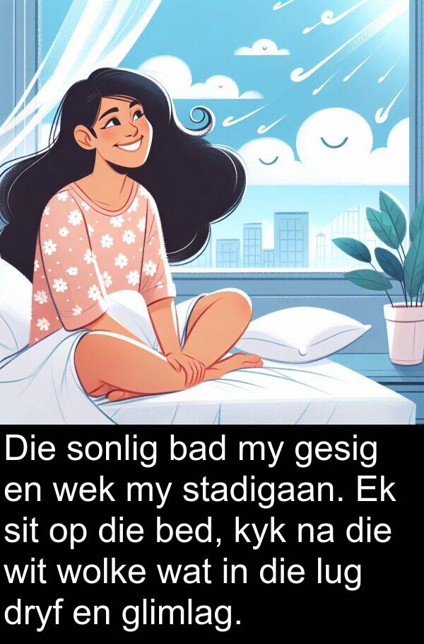 wolke: Die sonlig bad my gesig en wek my stadigaan. Ek sit op die bed, kyk na die wit wolke wat in die lug dryf en glimlag.