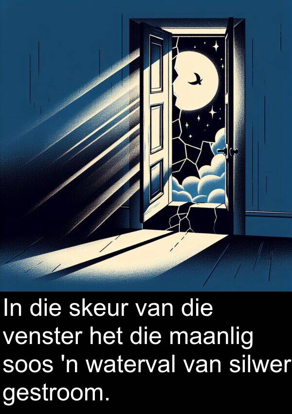 skeur: In die skeur van die venster het die maanlig soos 'n waterval van silwer gestroom.
