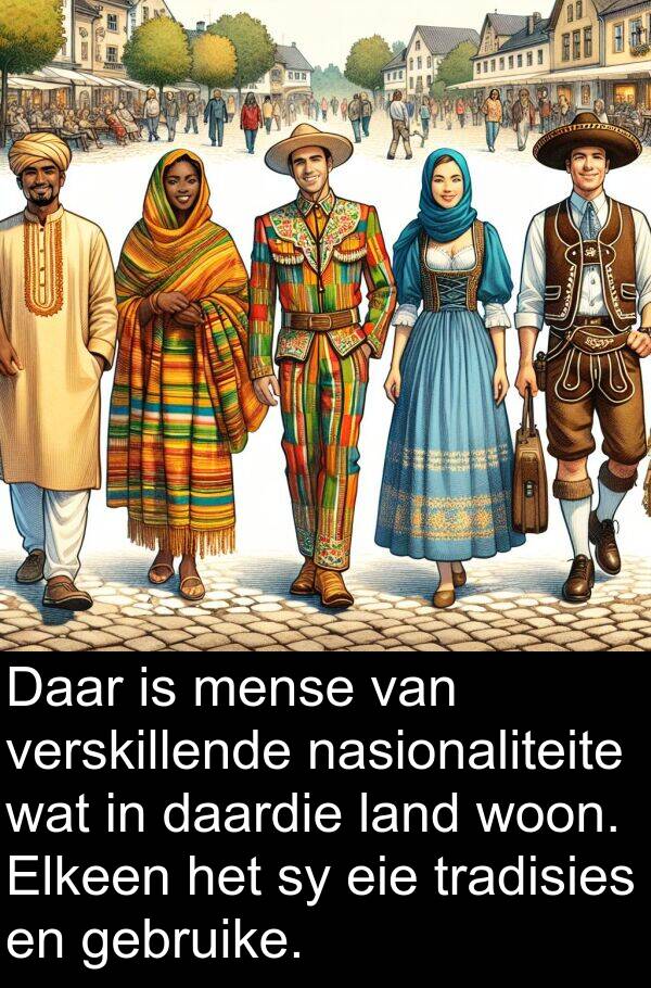 gebruike: Daar is mense van verskillende nasionaliteite wat in daardie land woon. Elkeen het sy eie tradisies en gebruike.