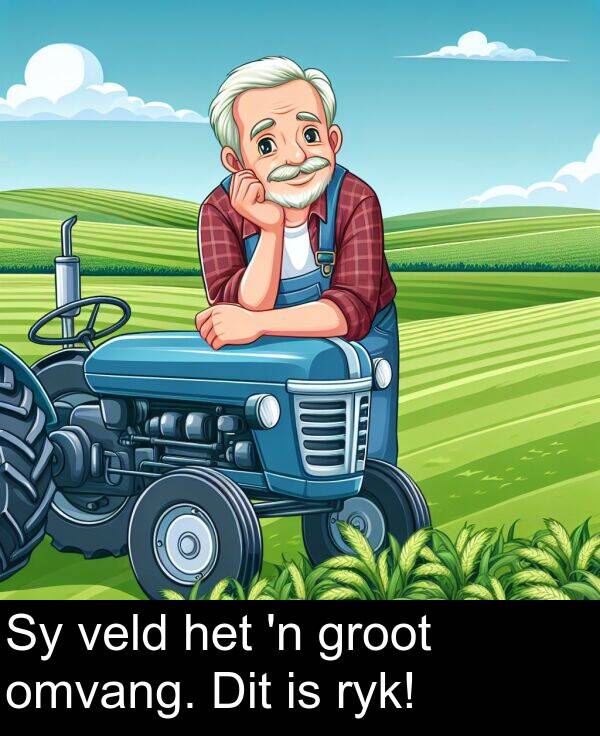 omvang: Sy veld het 'n groot omvang. Dit is ryk!