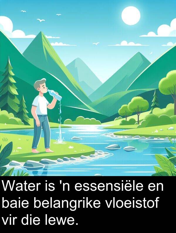 essensiële: Water is 'n essensiële en baie belangrike vloeistof vir die lewe.