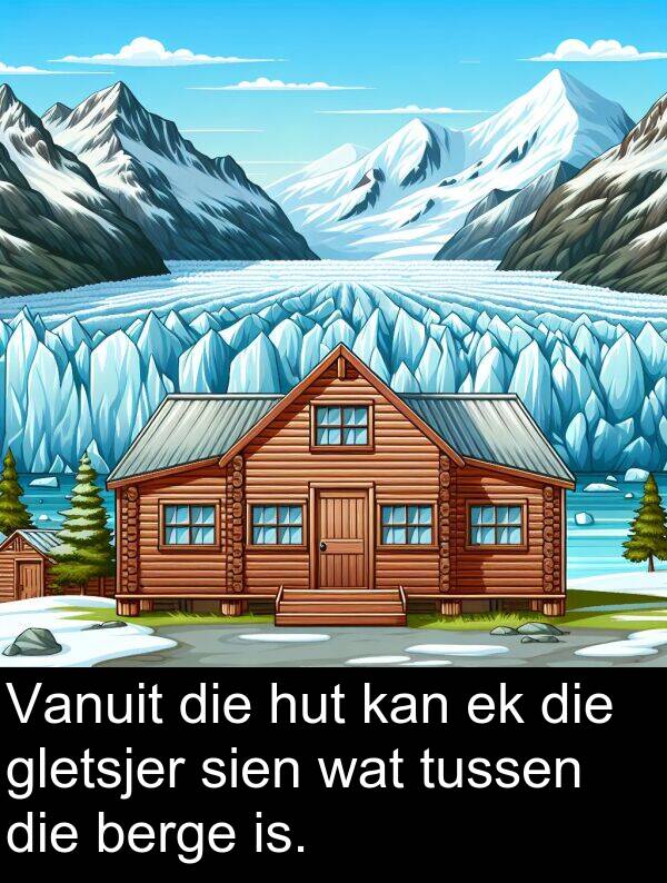 is: Vanuit die hut kan ek die gletsjer sien wat tussen die berge is.