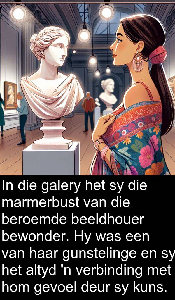 galery: In die galery het sy die marmerbust van die beroemde beeldhouer bewonder. Hy was een van haar gunstelinge en sy het altyd 'n verbinding met hom gevoel deur sy kuns.