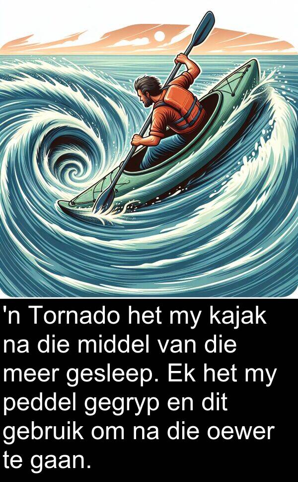 gegryp: 'n Tornado het my kajak na die middel van die meer gesleep. Ek het my peddel gegryp en dit gebruik om na die oewer te gaan.