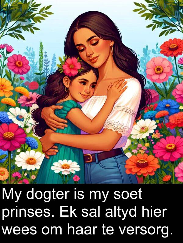 hier: My dogter is my soet prinses. Ek sal altyd hier wees om haar te versorg.