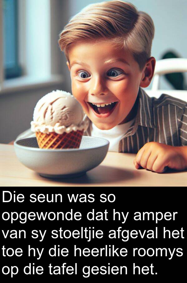 heerlike: Die seun was so opgewonde dat hy amper van sy stoeltjie afgeval het toe hy die heerlike roomys op die tafel gesien het.