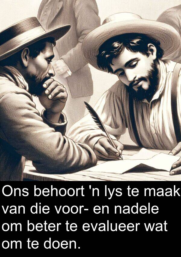 behoort: Ons behoort 'n lys te maak van die voor- en nadele om beter te evalueer wat om te doen.