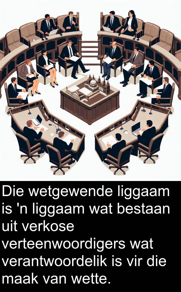 liggaam: Die wetgewende liggaam is 'n liggaam wat bestaan uit verkose verteenwoordigers wat verantwoordelik is vir die maak van wette.