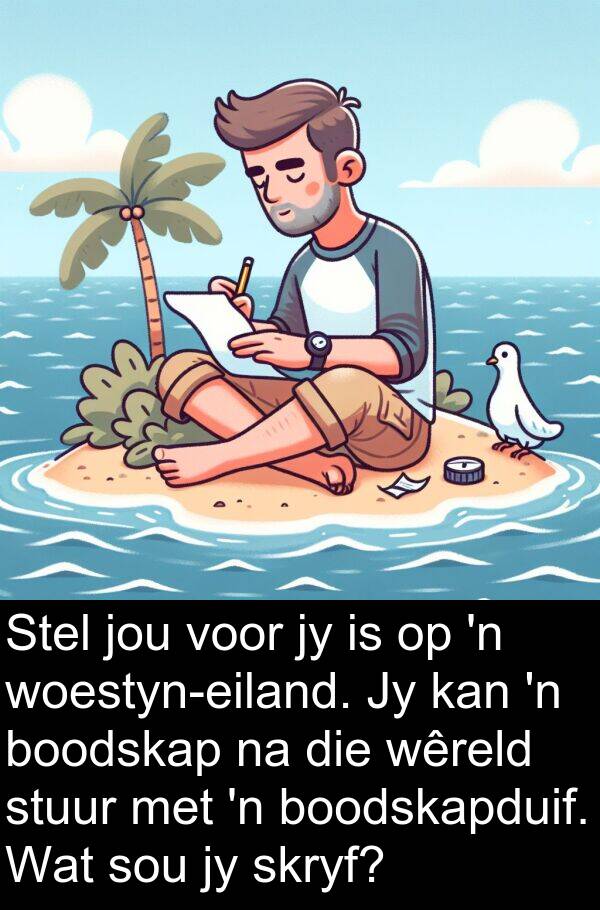 sou: Stel jou voor jy is op 'n woestyn-eiland. Jy kan 'n boodskap na die wêreld stuur met 'n boodskapduif. Wat sou jy skryf?