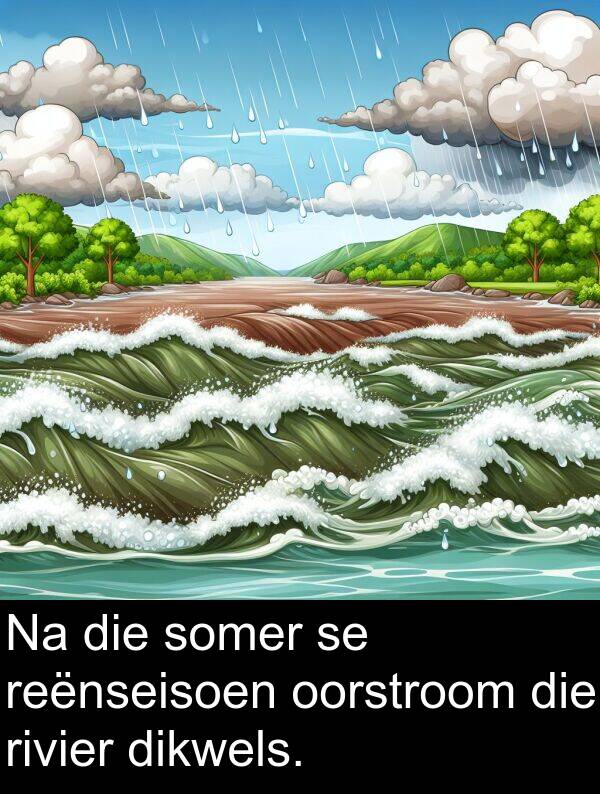 dikwels: Na die somer se reënseisoen oorstroom die rivier dikwels.