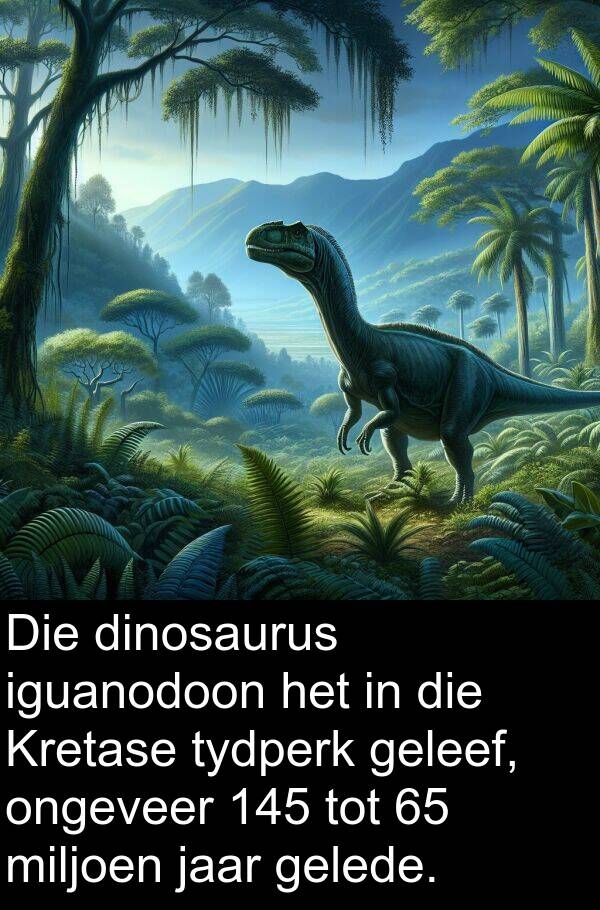 geleef: Die dinosaurus iguanodoon het in die Kretase tydperk geleef, ongeveer 145 tot 65 miljoen jaar gelede.