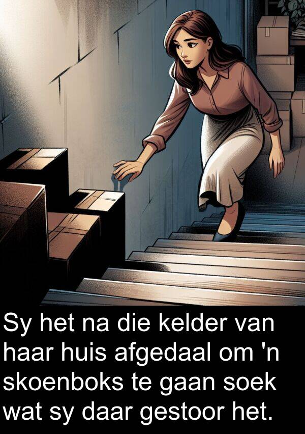 skoenboks: Sy het na die kelder van haar huis afgedaal om 'n skoenboks te gaan soek wat sy daar gestoor het.