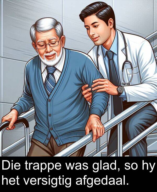 afgedaal: Die trappe was glad, so hy het versigtig afgedaal.
