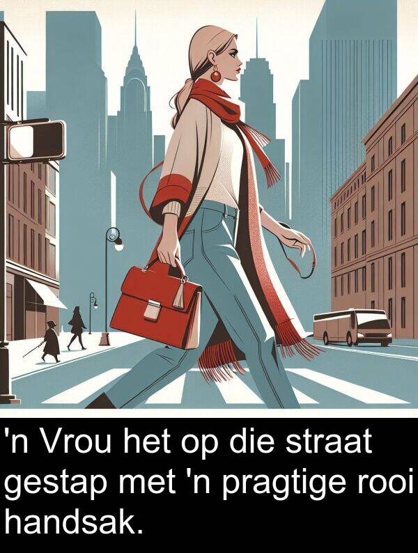rooi: 'n Vrou het op die straat gestap met 'n pragtige rooi handsak.