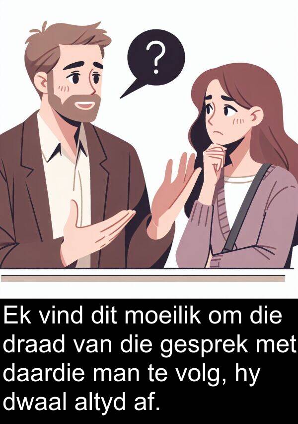 draad: Ek vind dit moeilik om die draad van die gesprek met daardie man te volg, hy dwaal altyd af.