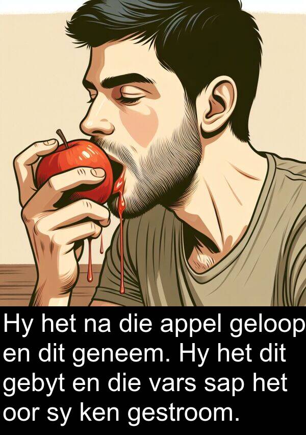 geloop: Hy het na die appel geloop en dit geneem. Hy het dit gebyt en die vars sap het oor sy ken gestroom.
