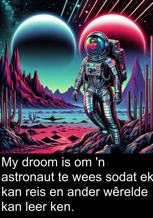 wêrelde: My droom is om 'n astronaut te wees sodat ek kan reis en ander wêrelde kan leer ken.