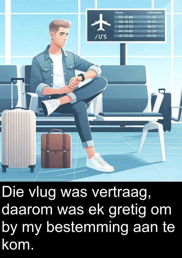 bestemming: Die vlug was vertraag, daarom was ek gretig om by my bestemming aan te kom.