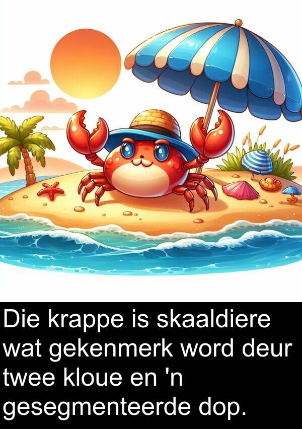 gekenmerk: Die krappe is skaaldiere wat gekenmerk word deur twee kloue en 'n gesegmenteerde dop.