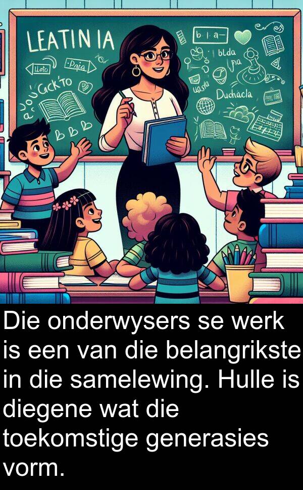 samelewing: Die onderwysers se werk is een van die belangrikste in die samelewing. Hulle is diegene wat die toekomstige generasies vorm.