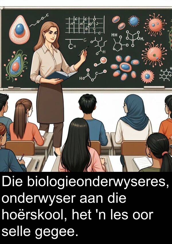 gegee: Die biologieonderwyseres, onderwyser aan die hoërskool, het 'n les oor selle gegee.