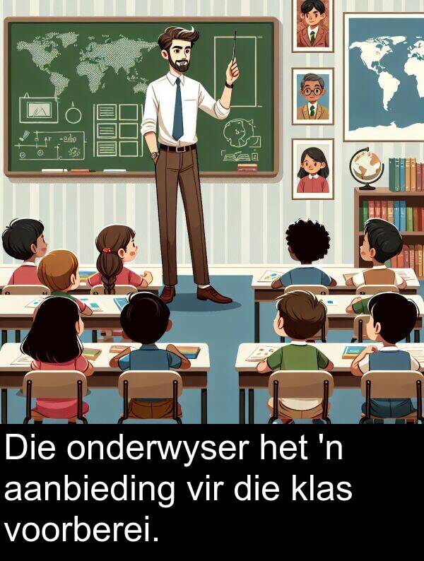 onderwyser: Die onderwyser het 'n aanbieding vir die klas voorberei.
