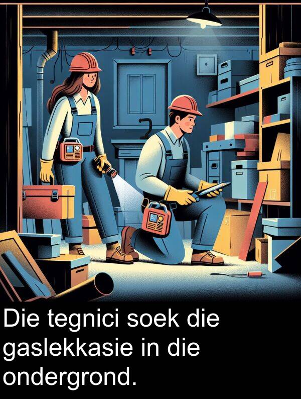 gaslekkasie: Die tegnici soek die gaslekkasie in die ondergrond.