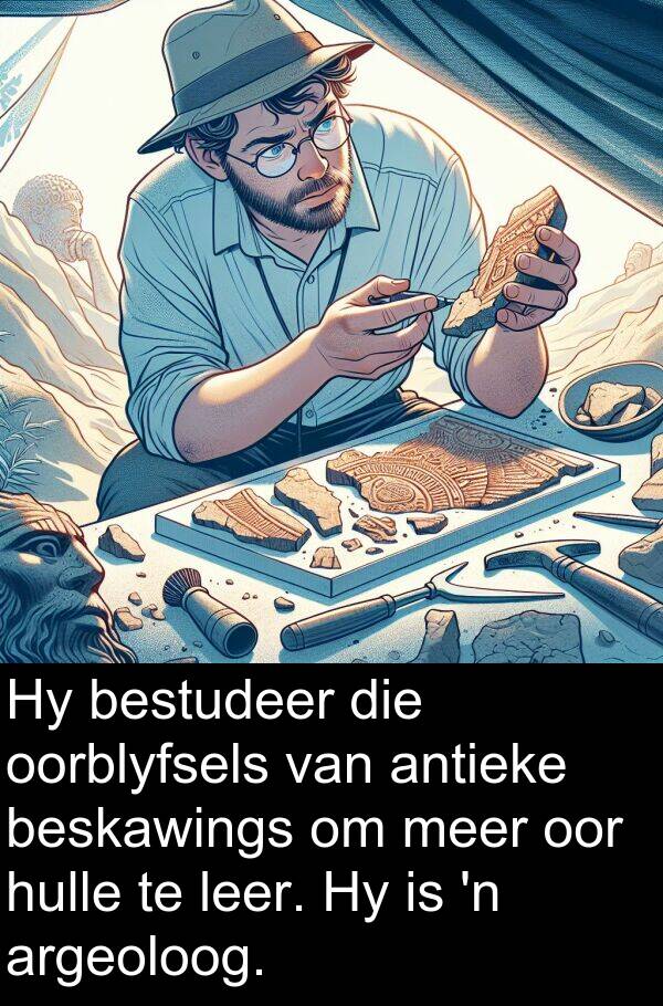 beskawings: Hy bestudeer die oorblyfsels van antieke beskawings om meer oor hulle te leer. Hy is 'n argeoloog.