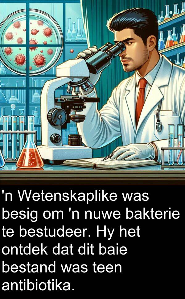 besig: 'n Wetenskaplike was besig om 'n nuwe bakterie te bestudeer. Hy het ontdek dat dit baie bestand was teen antibiotika.