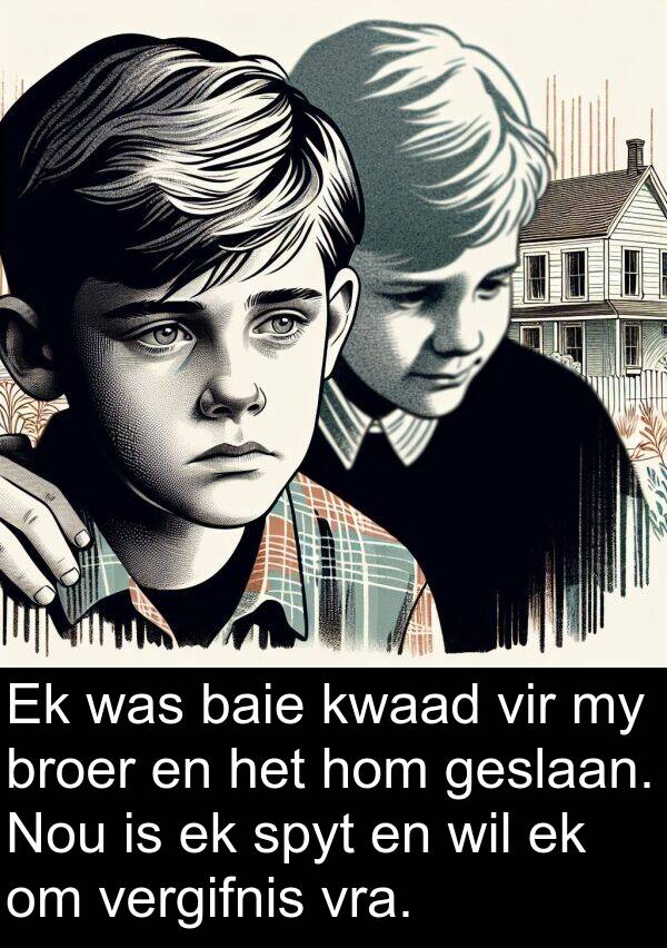geslaan: Ek was baie kwaad vir my broer en het hom geslaan. Nou is ek spyt en wil ek om vergifnis vra.