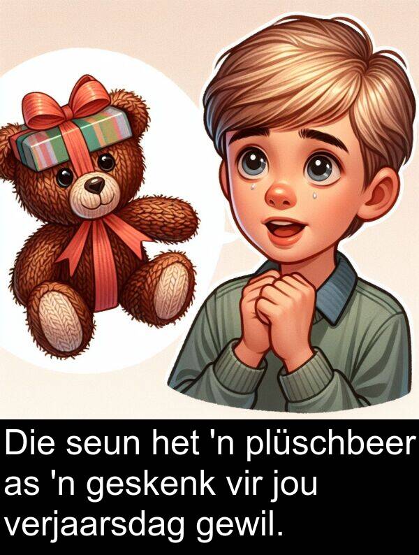 geskenk: Die seun het 'n plüschbeer as 'n geskenk vir jou verjaarsdag gewil.