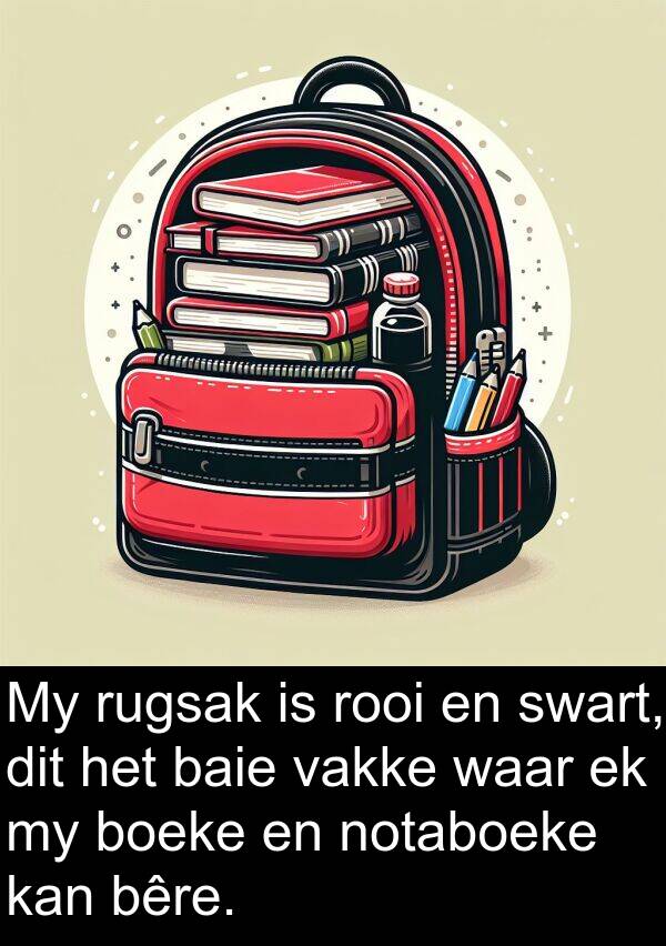 rooi: My rugsak is rooi en swart, dit het baie vakke waar ek my boeke en notaboeke kan bêre.