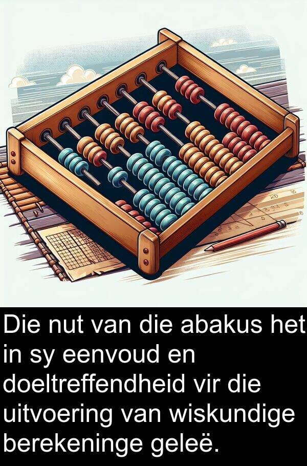 geleë: Die nut van die abakus het in sy eenvoud en doeltreffendheid vir die uitvoering van wiskundige berekeninge geleë.