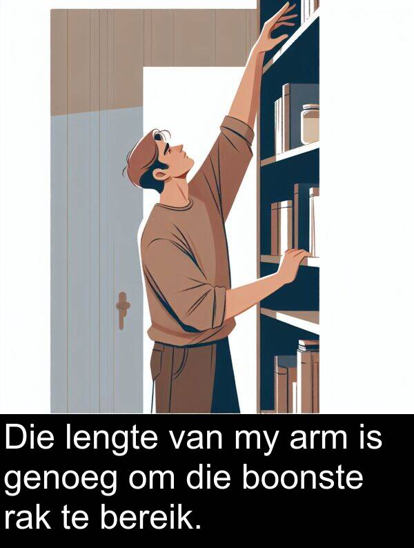 lengte: Die lengte van my arm is genoeg om die boonste rak te bereik.